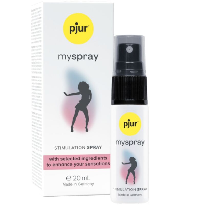 Spray stimolante PJUR MYSPRAY per aumentare il desiderio femminile, flacone bianco con etichetta colorata e spray spray.