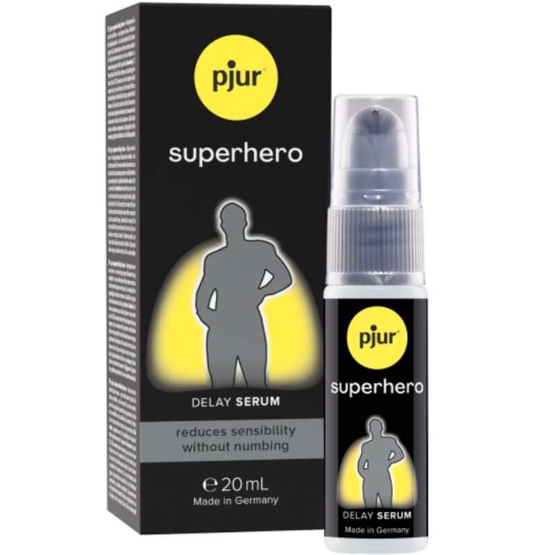 Siero ritardante concentrato PJUR Superhero in flacone da 20 ml, bottiglia con etichetta nera e dettagli blu.