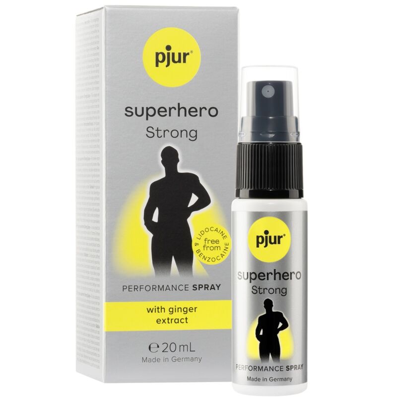 Spray retardante PJUR Superhero Strong da 20 ml, flacone compatto con etichetta blu e dettagli di testo visibili.