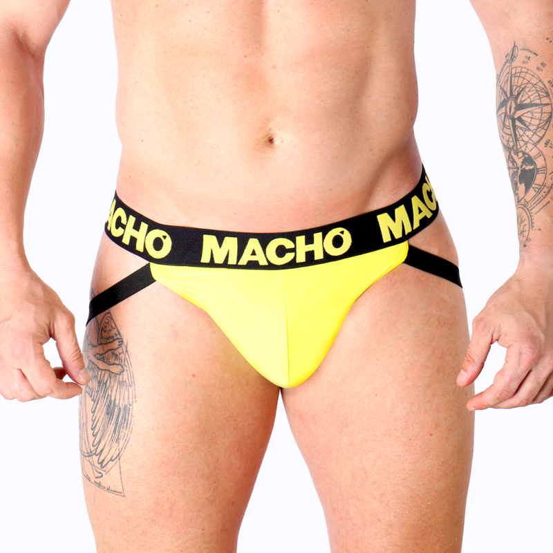 Slip maschio MACHO MX25A Jock Lycra giallo, modello aderente con tessuto elasticizzato e dettagli sportivi.