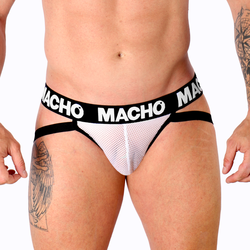 Slip interno bianco MACHO MX26X1 Jock Grid in tessuto elasticizzato, vista frontale con dettagli del design.