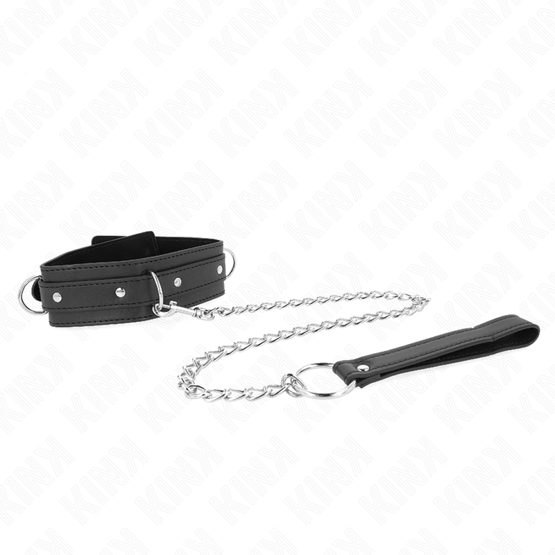 Collana con guinzaglio KINK, modello 3 anelli, regolabile 38-49 cm, in pelle nera con dettagli in metallo, per giochi BDSM