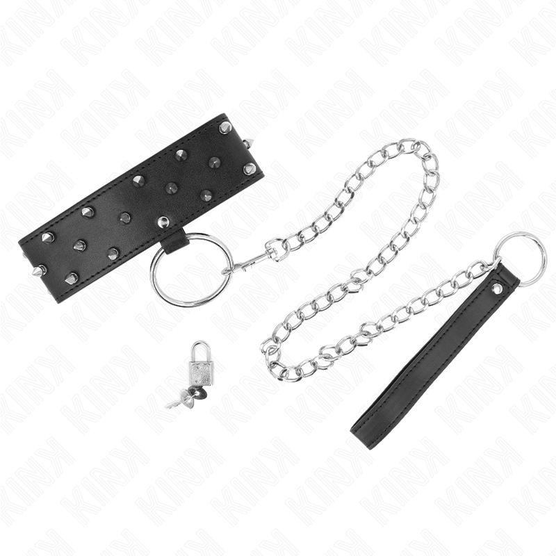 Collana con guinzaglio KINK in argento, lunghezza 65 cm, con borchie, modello regolabile 36-43 cm, stile bondage elegante