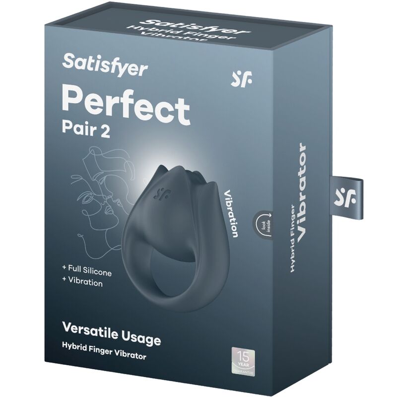Anello penieno e stimolatore per dita SATISFYER Perfect Pair 2 in 1, design grigio, con superficie liscia e dettagli funzionali.