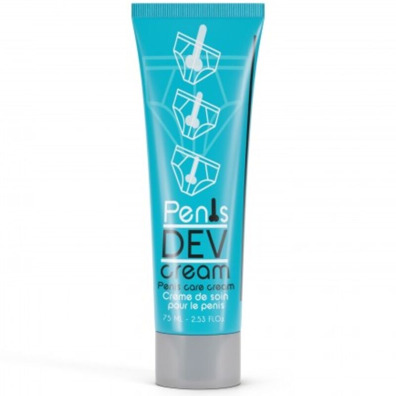 Crema RUF per migliorare l'elasticità del pene, con applicatore visibile sulla pelle del pene in primo piano.