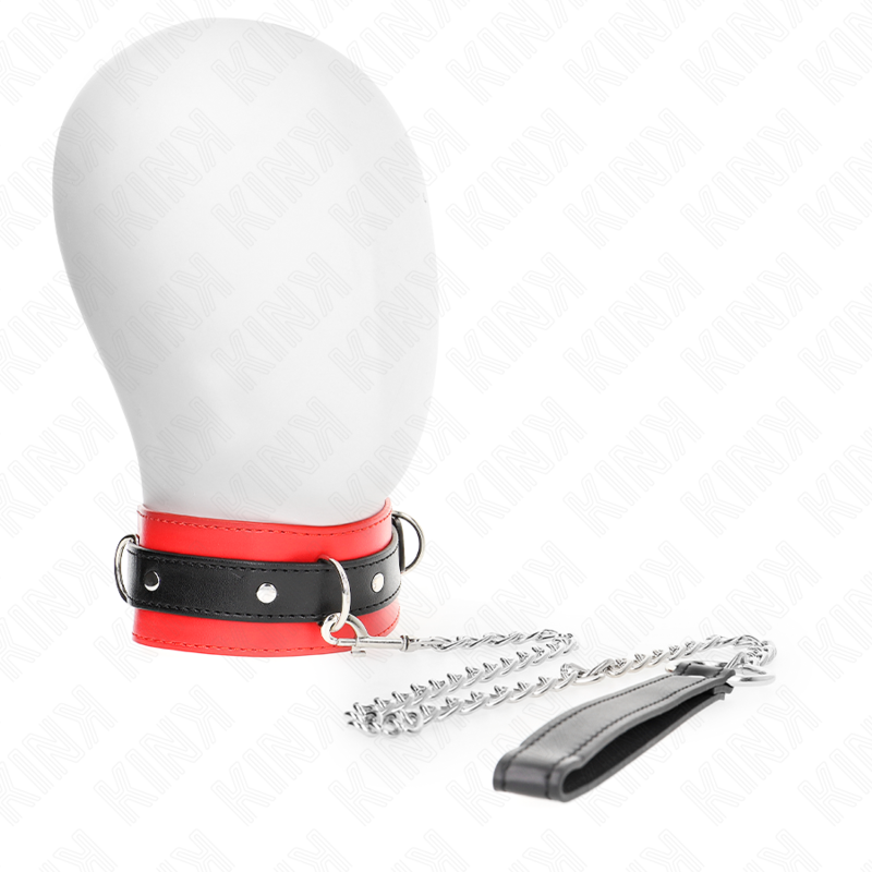 Collare con cintura KINK in rosso da 65 cm, cinturino 54x4,5 cm, in pelle e metallo, per giochi BDSM e bondage.