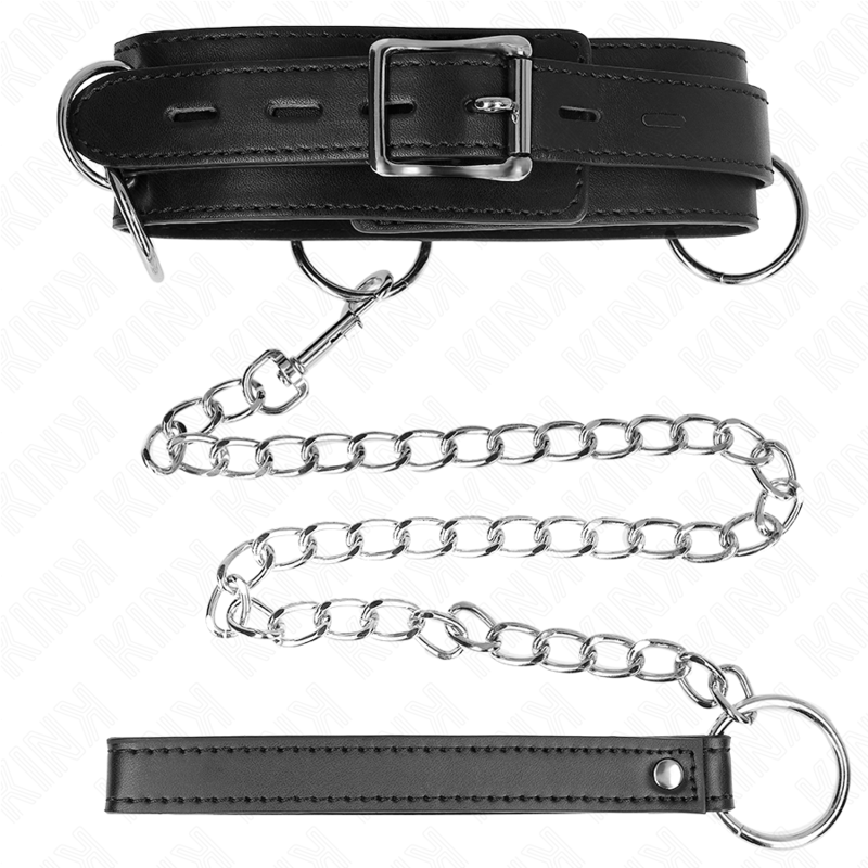 Collana BDSM KINK con tre anelli e cinturino in pelle di 80 cm, dettagli in metallo, stile dominante e robusto.