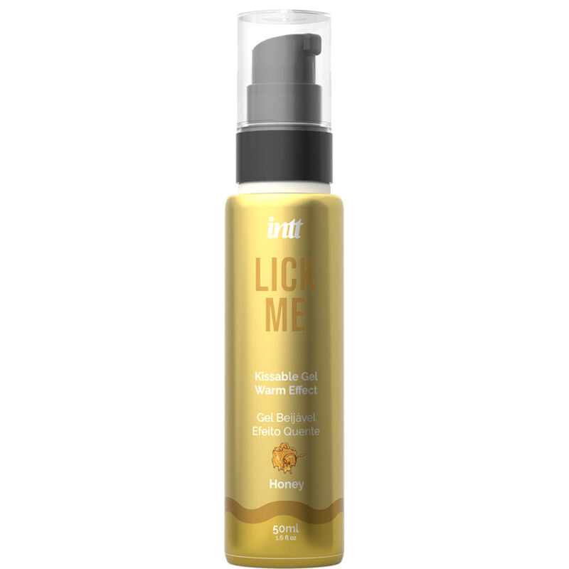 Gel alimentare INTT LUBRICANTS effetto calore "Lick Me Honey" in bottiglia, con etichetta e tubo di gel naturale.