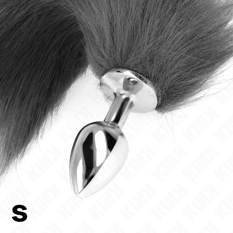 Plug anale KINK Pleasure Plug, misura S 7x3 cm con coda sintetica di 40 cm, grigio e bianco, per piacere e stimolazione.