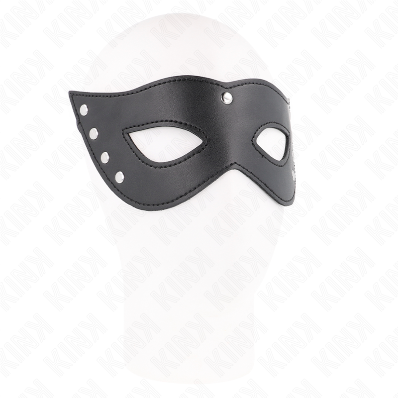 Maschera per occhi KINK Masked Allure con quattro rivetti, misura 28x8 cm, in pelle nera con dettagli decorativi.