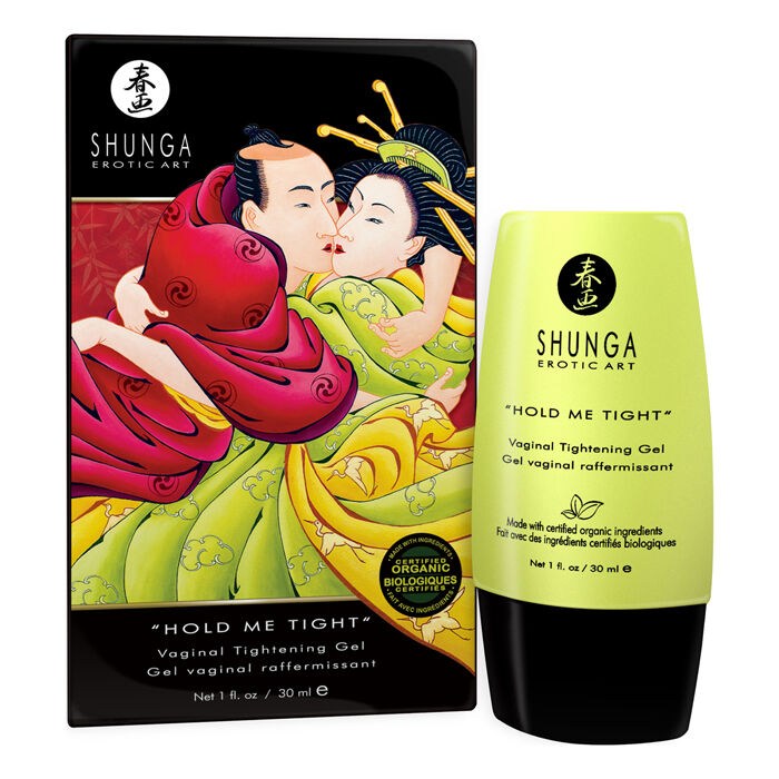 Gel restringente vaginale SHUNGA Hold Me Tight della linea SHUNGA Aphrodisiacs, tubo con etichetta bianca e dettagli rosa.