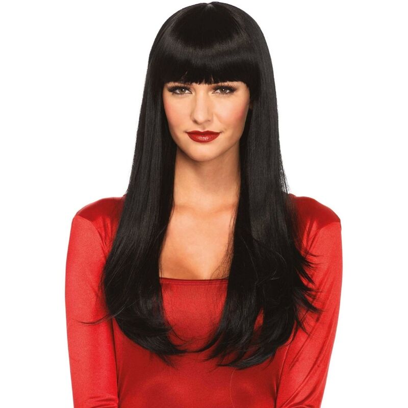 Parrucca lunga nera liscia LEG AVENUE, accessorio per costumi con capelli lisci e lucenti, ideale per feste e travestimenti.