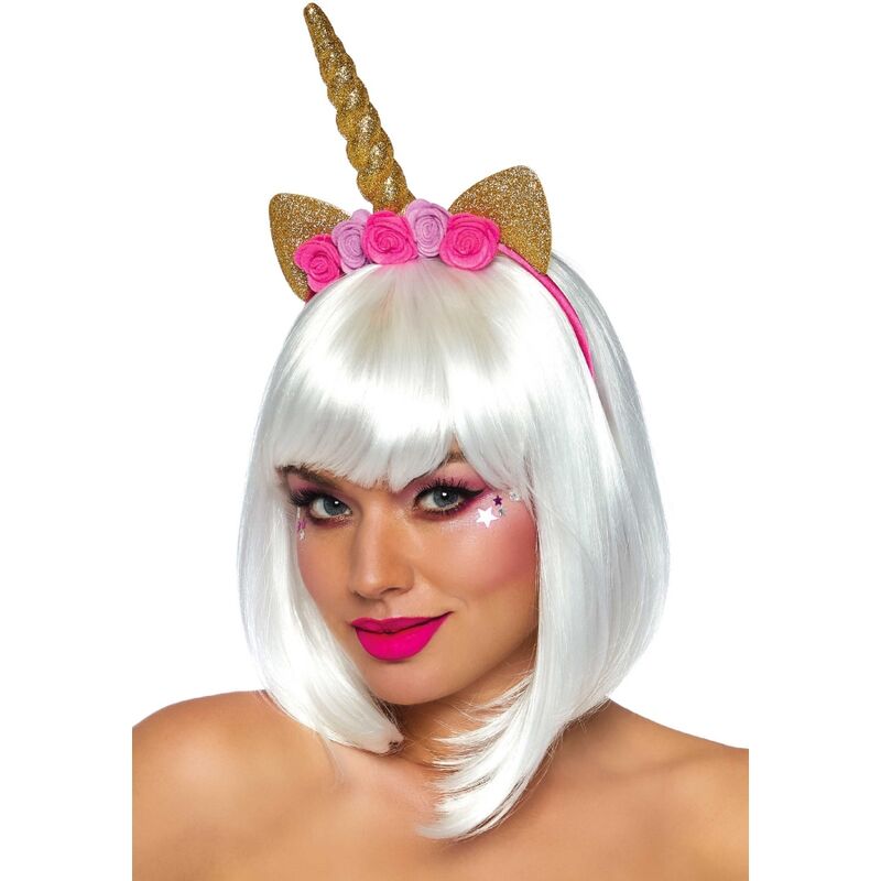 Cerchietto per capelli con fiore e unicorno dorato, accessorio LEG AVENUE per acconciature originali e colorate.