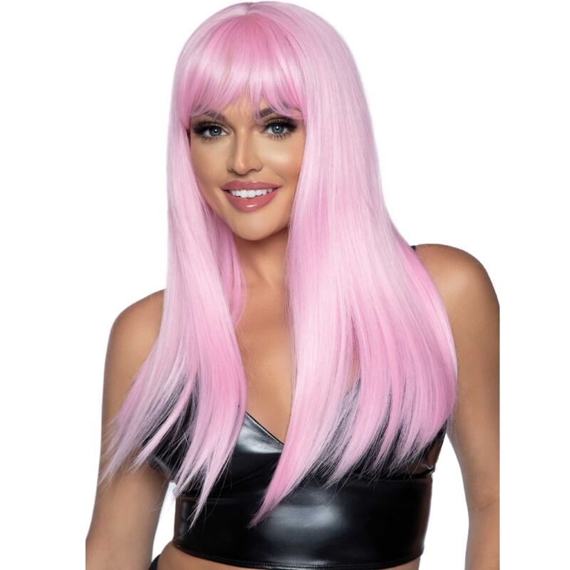 Longa parrucca rosa liscia con frangia, accessori LEG AVENUE, mostra i capelli lisci e color rosa brillante in primo piano.