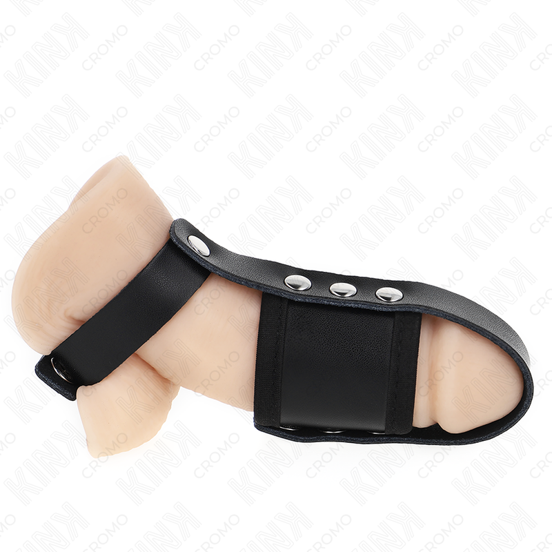Anello per gabbia peniena in pelle regolabile con cinturino divisore per palline, marca KINK RING POWER, visibile in dettaglio