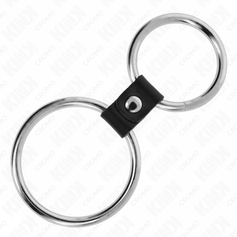 Anello doppio per pene in metallo da 3,7 e 5 cm collegato con cinturino in pelle, modello 1, marca KINK RING POWER.