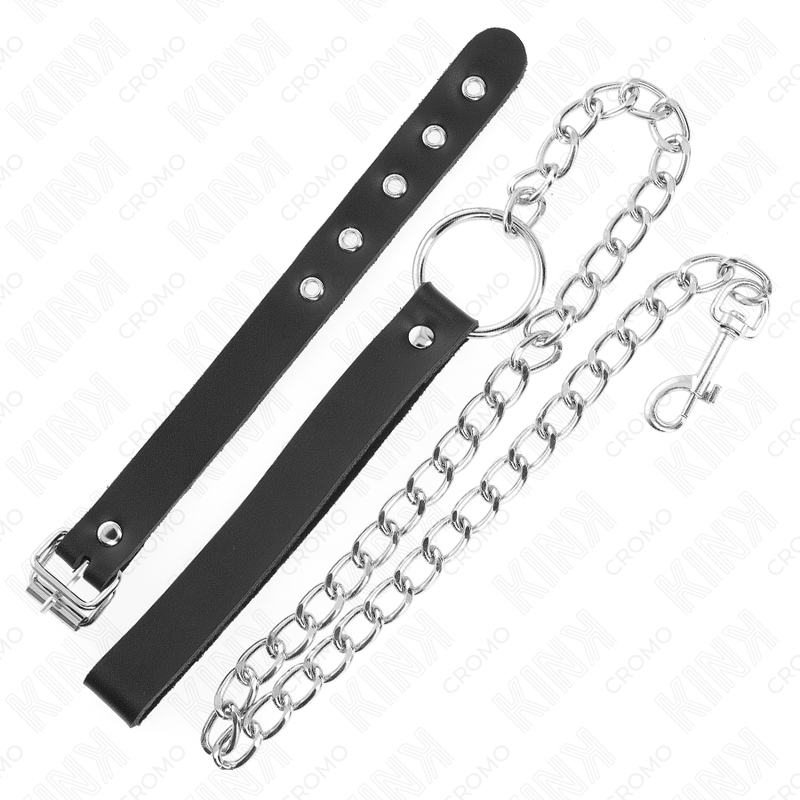 Anello per pene in pelle KINK con cinghia regolabile e catena in metallo lunga 60 cm, design robusto e resistente.