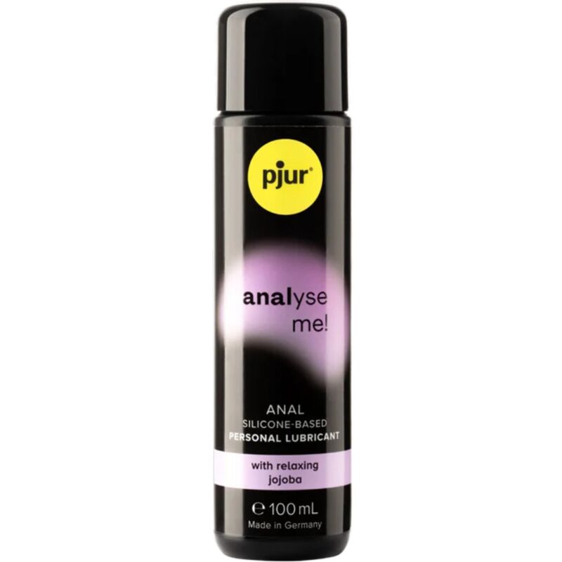 Gel rilassante anale PJUR Analyze Me, confezione da 100 ml, con applicatore e testo descrittivo visibile sulla confezione.