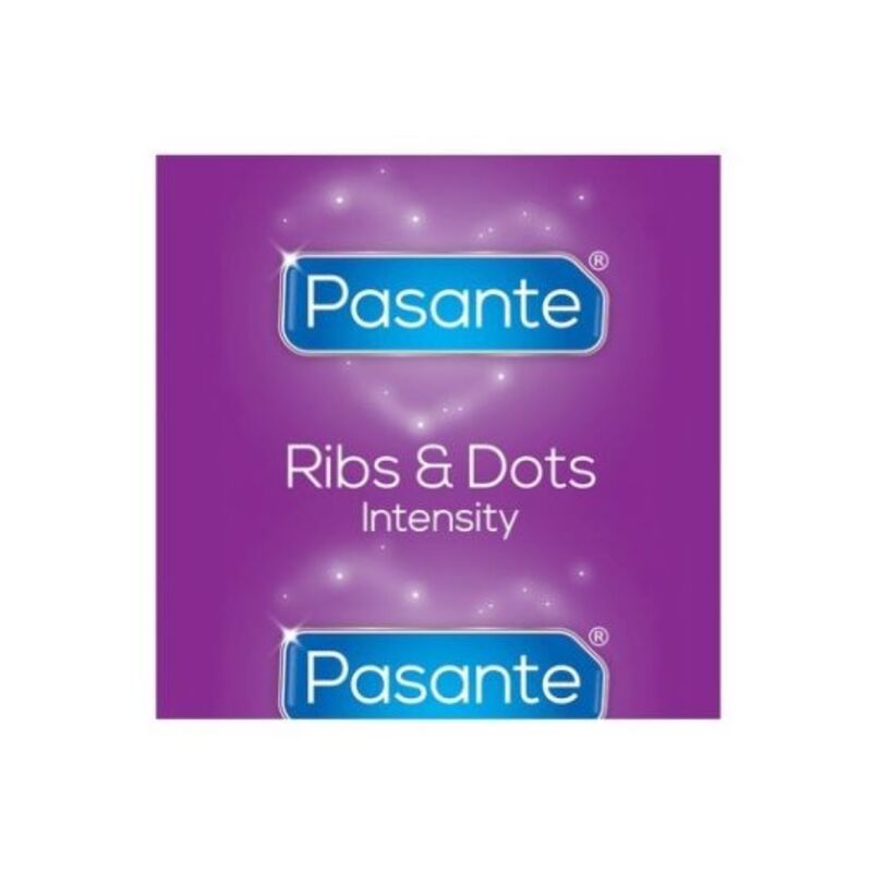 Preservativi Pasante Ribs & Dots Intensity, confezione da 144 unità con motivo a costine e pois, scatola con preservativi.