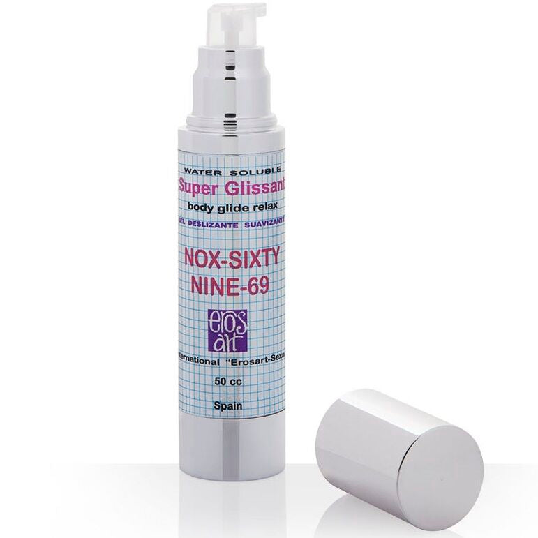 Gel idratante e dilatante EROS-ART NOX 69, confezione con tubo bianco e etichetta blu, per uso intimo.