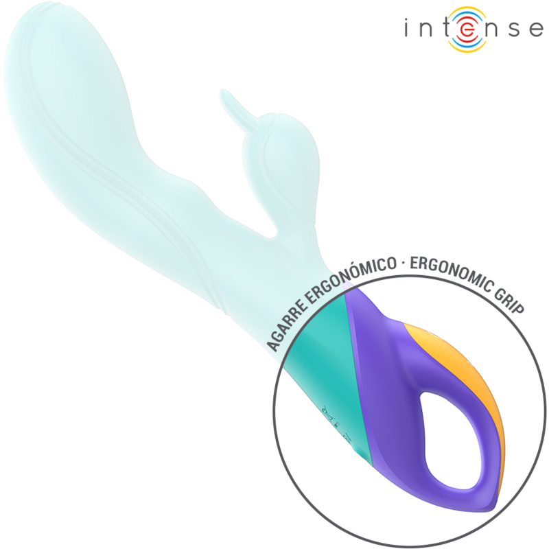 Vibratore rabbit blu INTENSE FUN, compatto e dettagliato, con design ergonomico e stimolante, visibile in primo piano nell'immagine.