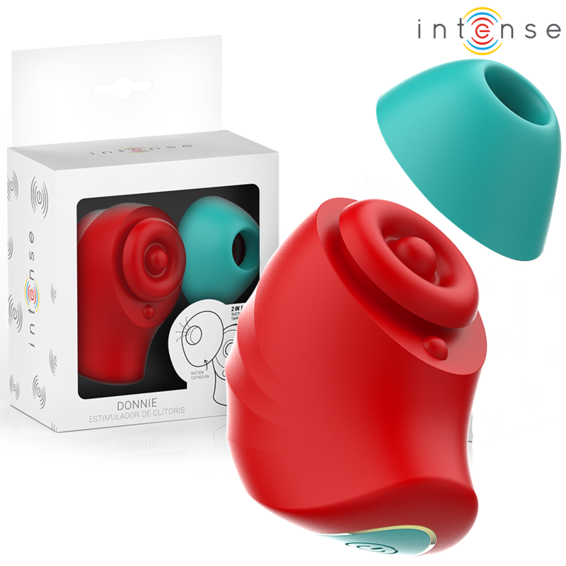 Stimolatore clitorideo INTENSE Donnie di INTENSE FUN con dettagli rosso e verde, design ergonomico e superficie liscia.