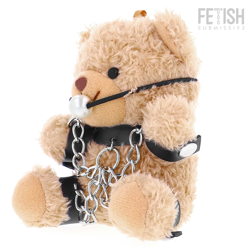 Orsetto Fozzie Teddy Bear modello BDSM FETISH SUBMISSIVE di Rebel Toys, dettagli in lattice e accessori fetish, immagine in primo piano