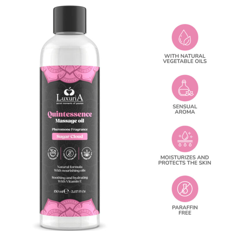 Olio massaggio Intimateline Luxuria Sugar Cloud in bottiglia da 150 ml con etichetta elegante e tappo nero.