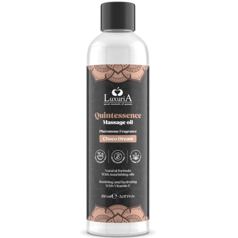 Olio massaggio al cioccolato Intimateline Luxuria in bottiglia da 150 ml, con etichetta e tappo, per momenti di relax e benessere