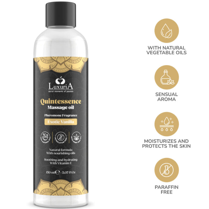 Olio per massaggi INTIMATELINE LUXURIA alla vaniglia, bottiglia da 150 ml, con etichetta elegante e profumo esotico.