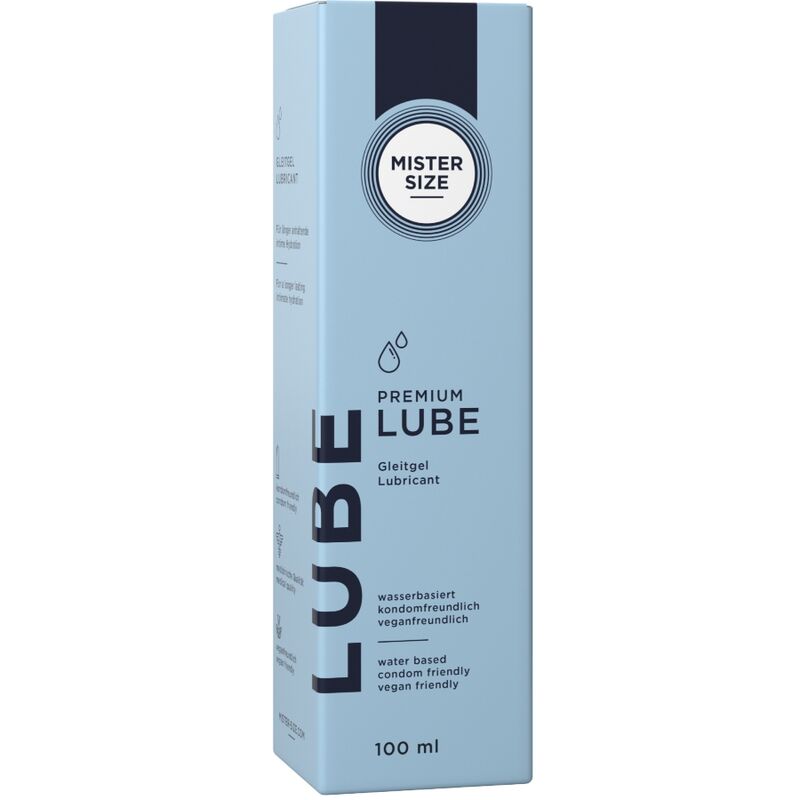 Lubrificante premium MISTER SIZE da 100 ml, contiene gel trasparente e fluido ideale per uso intimo e comfort.