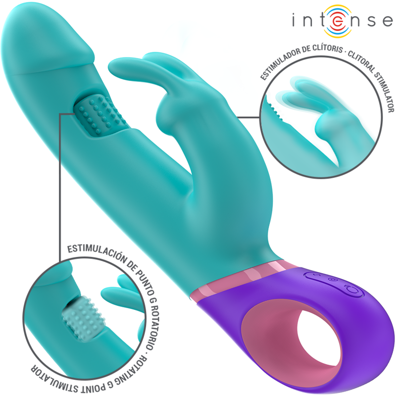 Vibratore rabbit INTENSE Monica con stimolatore G-spot rotante blu, design ergonomico e dettagli realistici.