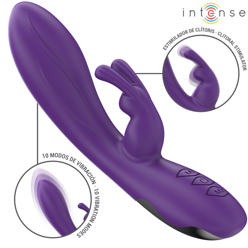 Vibratore Randall Rabbit viola di INTENSE FUN con 10 modalità di vibrazione, design ergonomico e dettagli in silicone.