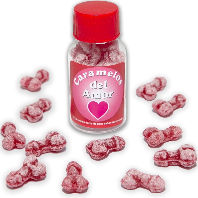 DIABLO PICANTE - 12 CARAMELLE DAMORE A FORMA DI PENE FRAGOLA/CILIEGIA