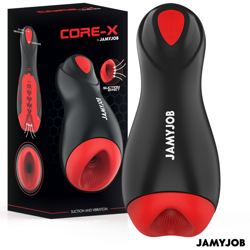 Mascherina vibrante JAMYJOB CORE-X con 5 modalità di aspirazione e vibrazione, mostra i pulsanti di controllo e il design ergonomico