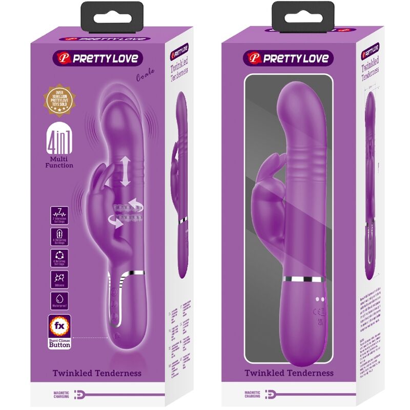 Vibratore multifunzione coniglio viola PRETTY LOVE Coale 4 in 1, dettagli e pulsanti visibili, design ergonomico e colorato.