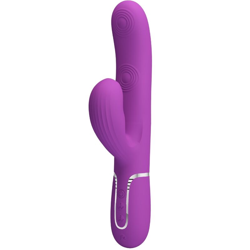 Vibratore multifunzione PRETTY LOVE Perlita 3 in 1 con forma di coniglio viola, dettagli in silicone e design ergonomico.