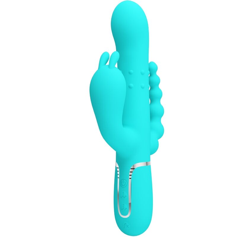 Vibratore multifunzionale PRETTY LOVE Cammy 4 in 1, con design triple coniglio, colore blu, dettagli visibili dell'oggetto.
