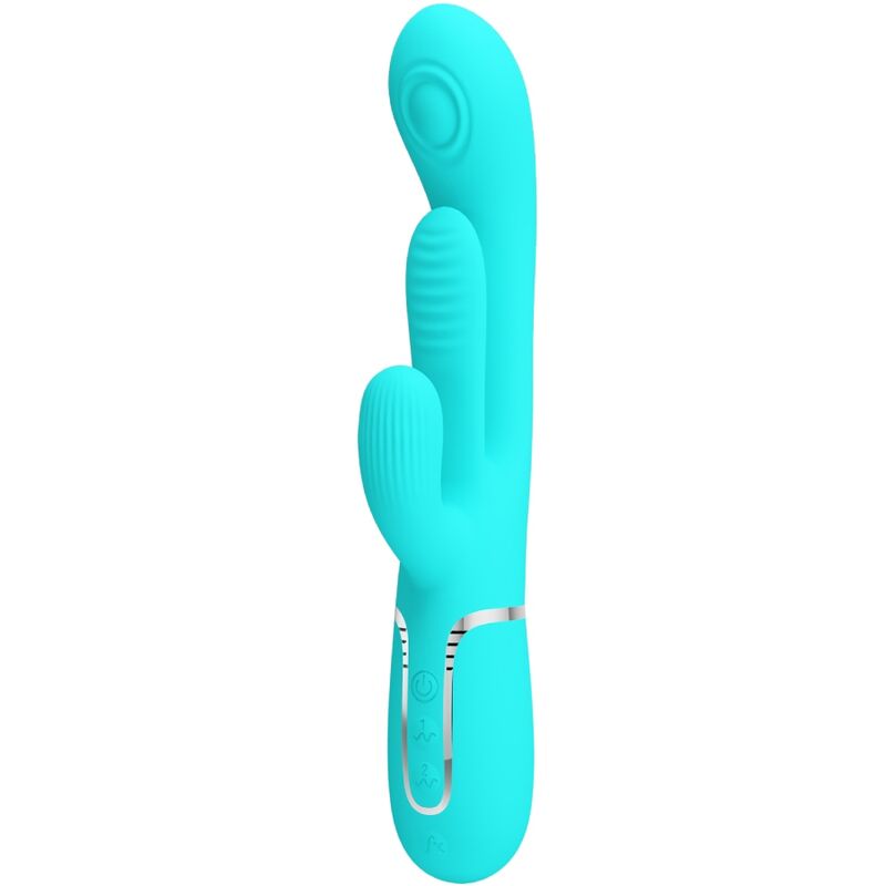 Stimolatore vibrante multifunzione PRETTY LOVE Shania Triple Rabbit, dispositivo blu con tre funzioni di stimolazione.