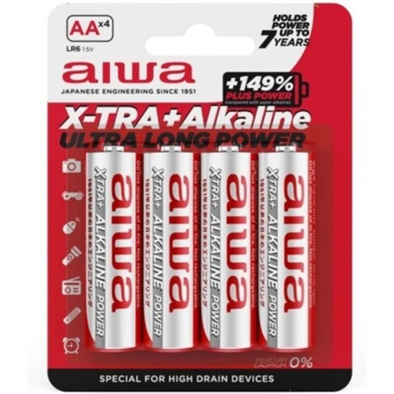 Batterie alcaline AA AIWA X-TRA LR6 in blister da 4, immagini delle batterie con etichette e contatti metallici