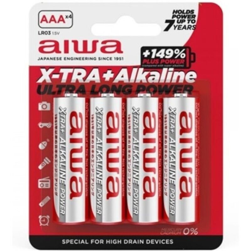 Pile alcaline AIWA X-TRA AAA LR03 in blister da 4, batterie ricaricabili per dispositivi portatili e elettronici.