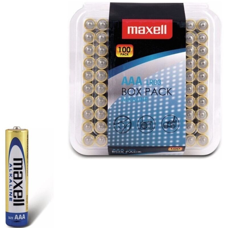 Pile alcaline AAA MAXELL LR03, confezione da 100 batterie con immagini di batterie cilindriche e confezione aperta.