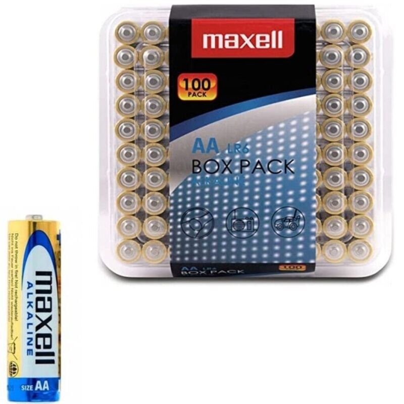 Batterie alcaline AA LR6 Maxell, confezione da 100 pezzi, visibili nella confezione con etichetta e dettagli sulle batterie
