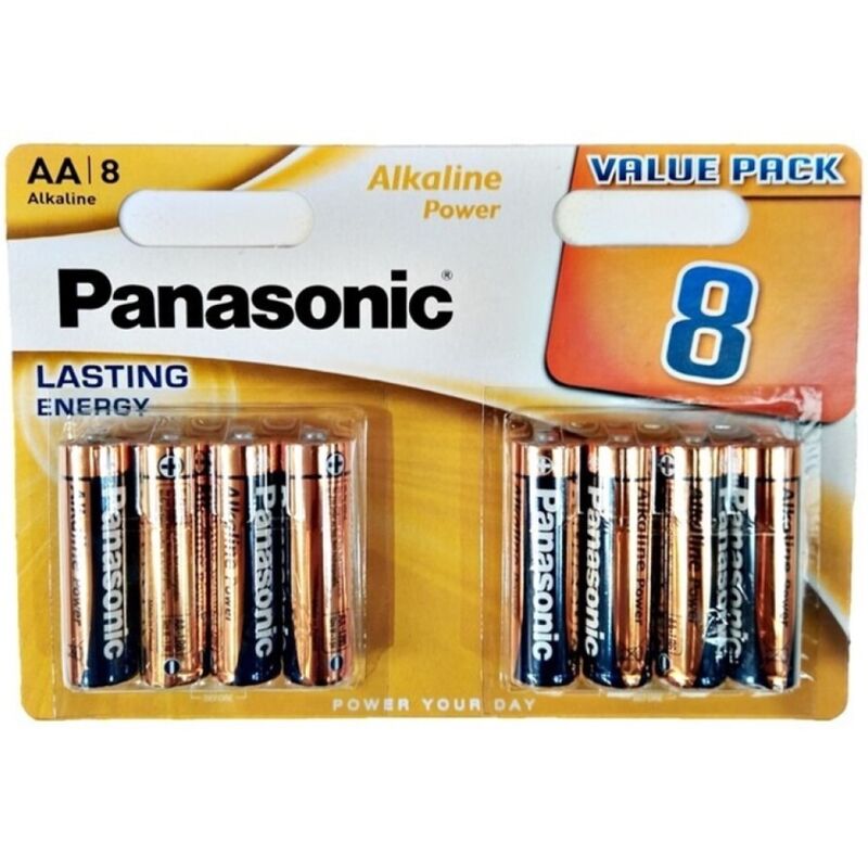 Set di 8 batterie alcaline AA Panasonic Bronzo LR6 in blister, ideali per dispositivi domestici e elettronici.