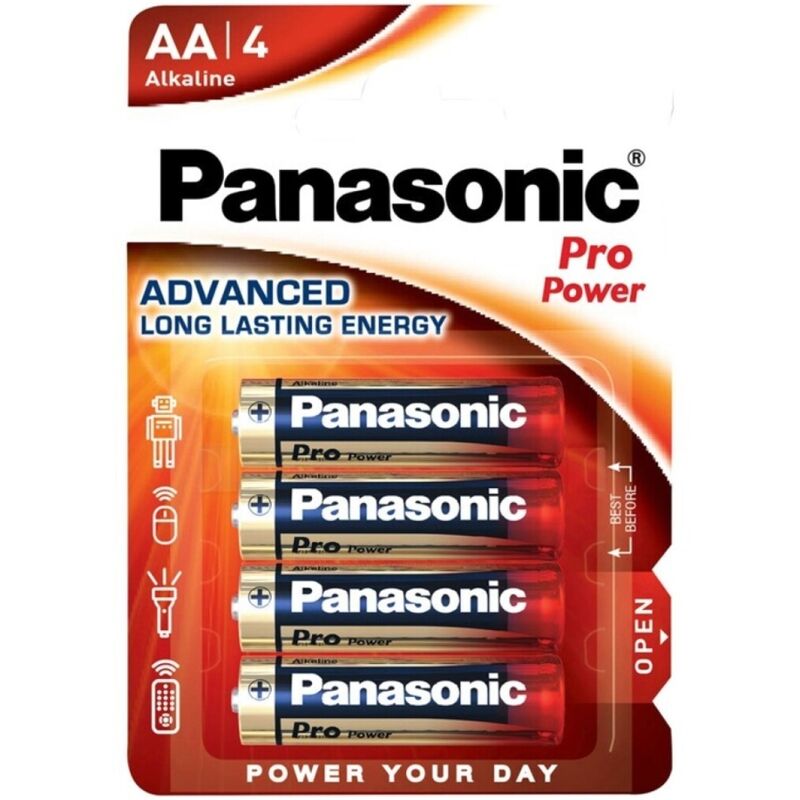 Batterie alcaline AA Panasonic Pro Power LR6 blister da 4 pezzi, confezione con quattro batterie nuove e standard per dispositivi elettronici