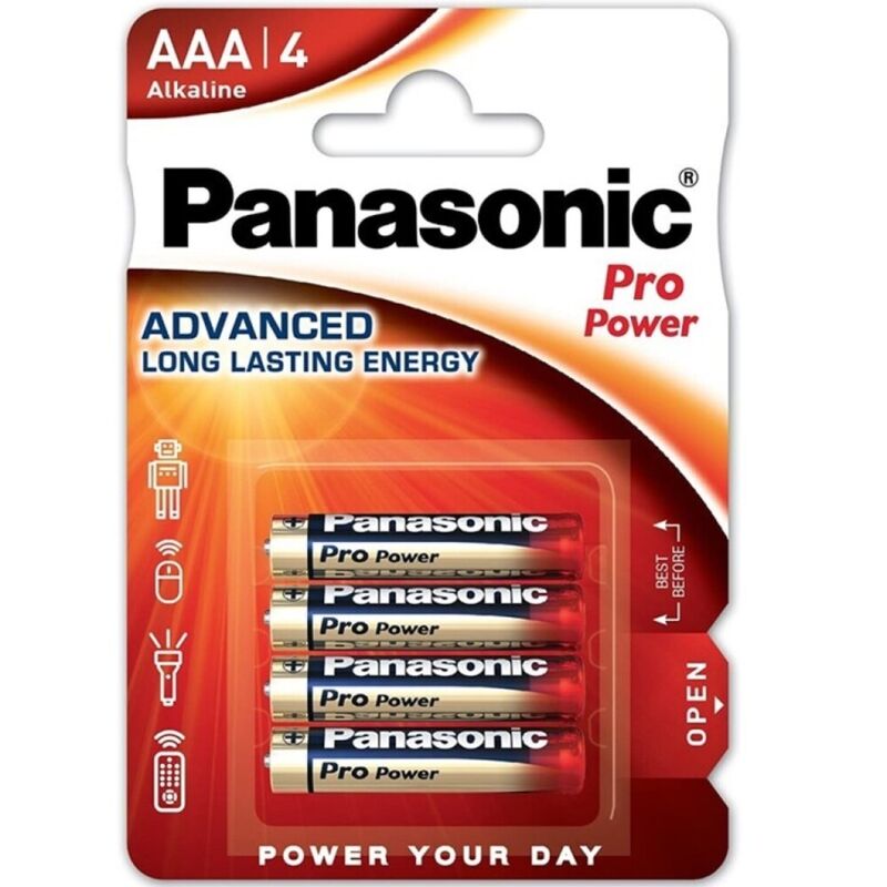 Batterie alcaline AAA Panasonic Pro Power LR03 in blister da 4, visibili con confezione e batteria.