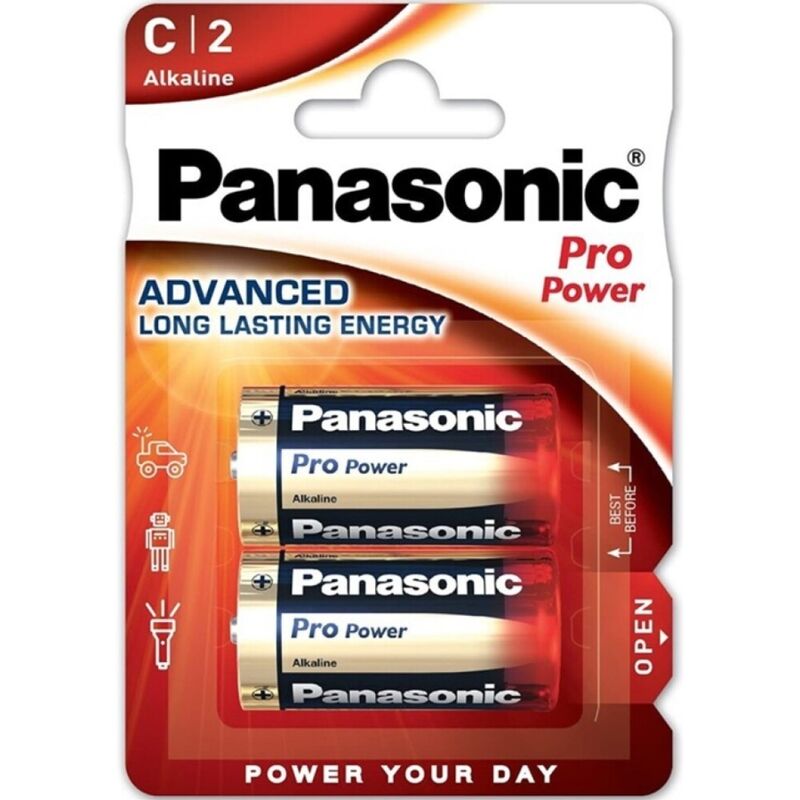 Due batterie alcaline Panasonic Pro Power C LR14 in blister, con terminali cilindrici e etichetta visibile