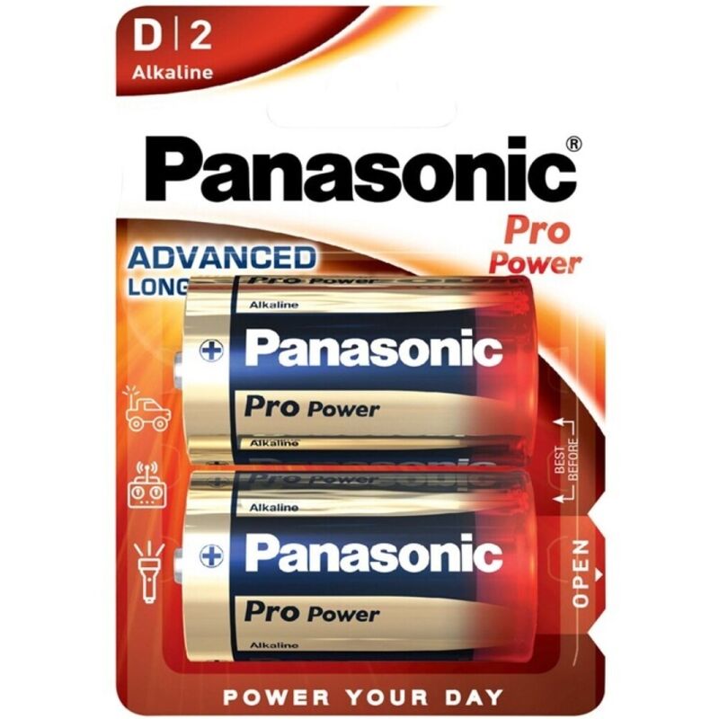 Batterie alcaline Panasonic Pro Power D LR20 in blister da 2 pezzi, confezione con due batterie cilindriche da 1,5V.