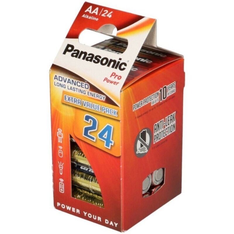 Pila alcalina AA Pro Power LR6 Panasonic, confezione da 24 batterie, visibile in primo piano con etichetta e contatti metallici