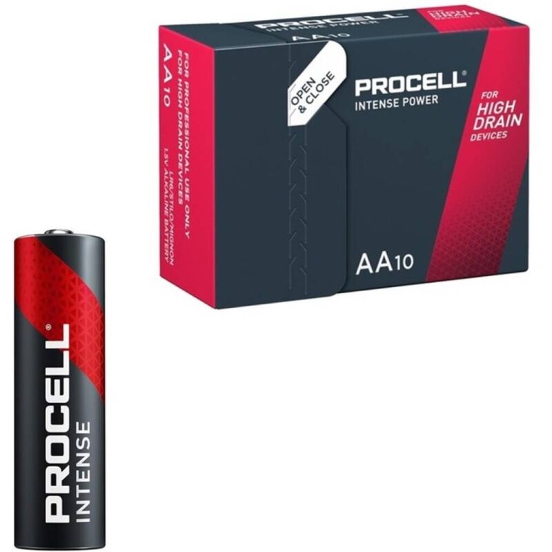 Pile alcaline Proceller LR6 AA 1.5V in confezione da 10, con dettagli sulle batterie e la scatola.
